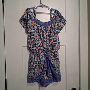 Takara Girls Blue Orange Medallion Floral Cold Shoulder Romper Size Medium M